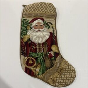 Vintage Santa Claus Wool Needlepoint Christmas Stocking Gold Velvet Backing 15"